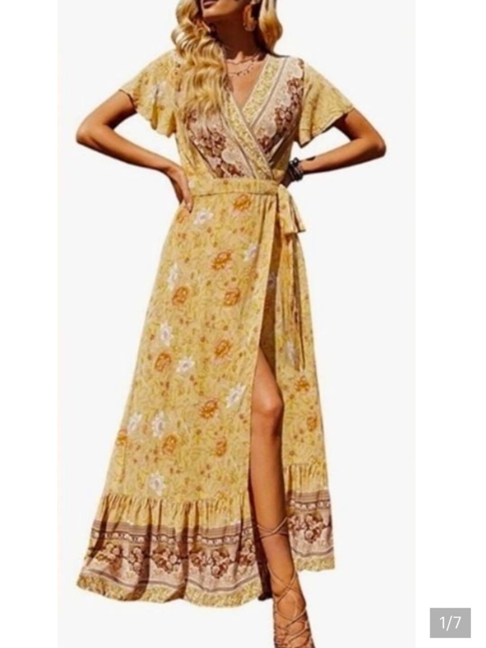 Zesica Pale Yellow Floral Wrap Maxi Dress Size Medium, 18” PTP, 52” L